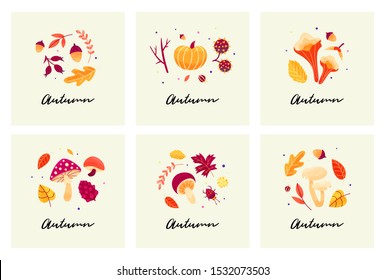 Autumn mood cards with autumn compositions of leaves, mushrooms, twigs, beetles and seeds. Hand drawn fall season elements: various mushrooms, berries, pumpkin, leaves. Greeting cards wth texture. 