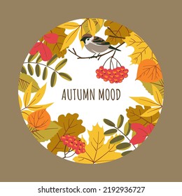 Marco circular de humor de otoño. Hojas caídas, gorriones, ceniza de montaña. Estilo plano