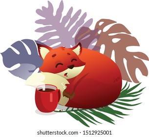Autumn mood. Coffee and cookie. Little fox sleeping. Sweet dream