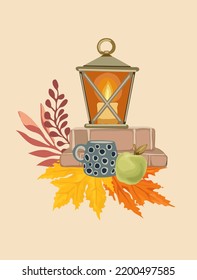 Autumn mood - colored trendy vector hand drawn art illustration, lantern, apple, coffee cup and fall leaves. Greeting card, poster, social media template.