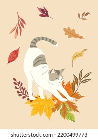 Autumn mood - colored trendy vector hand drawn art illustration, cute cat and fall leaves. Greeting card, poster, social media template.