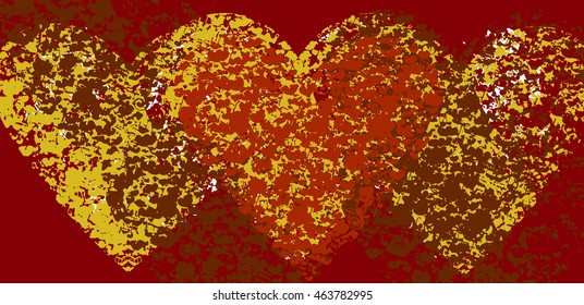 Autumn mood. Colorful background with three hearts from spots and stains of vivid paint