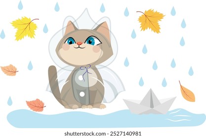 Autumn mood. Cute kitten in a raincoat in the rain, paper boat in a puddle, leaves.  Autumn collection. 