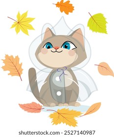Autumn mood. Cute kitten in a raincoat surrounded by leaves. Autumn collection. 