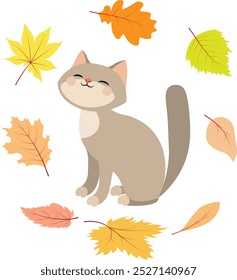 Autumn mood. Cute kitten surrounded by autumn leaves.  Autumn collection. 
