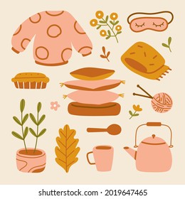 Autumn mood elements. fall cartoon hygge cozy sweater, leaves, flowers, pumpkin, pie, sleep eye mask, scarf, kettle, mug, potted plant, stack cushions, ball of yarn and needles illustration set.