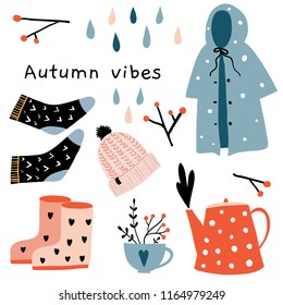 Autumn Mood. Fall Season Clothing And Accessories. Flat Doodle Elements. Hand Drawn Set With Kettle, Cup Of Herbal Tea, Rubber Boots, Raincoat, Hat, Socks And Rain. Cute Cozy Colorful 