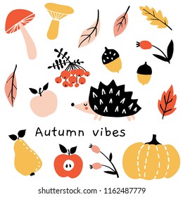 Autumn mood. Fall season doodle set of cute cartoon characters and elements. Hand drawn collection with pumpkin, hedgehog, fruits, leaves, berries and mushrooms. Cute cozy colorful object for design