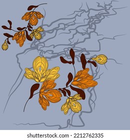 Autumn mood. Flying yellow maple lionfish over the cracks of the asphalt road