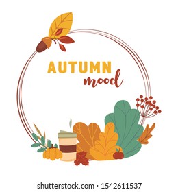 Autumn mood frame with elements and symbols: leaves, coffee, pumpkin, acorn, roman in vector cartoon style. Round card design with fall illustrations.
