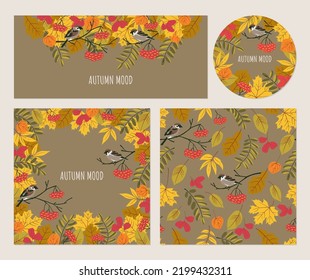 Autumn mood frame, seamless pattern, circular frame, border on a dark background. Falling leaves, sparrows, mountain ash. Flat style