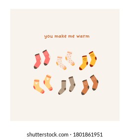 Autumn mood greeting card with cozy cute socks poster template. Welcome fall season thanksgiving invitation. Minimalist postcard nature. Vector illustration in flat cartoon style
