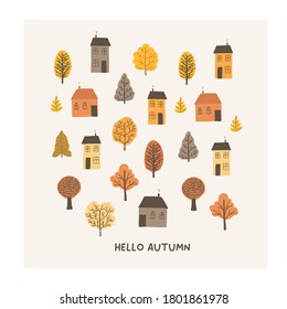 Autumn mood greeting card with cute tiny houses, trees poster template. Welcome fall season thanksgiving invitation. Minimalist postcard nature. Vector illustration in flat cartoon style