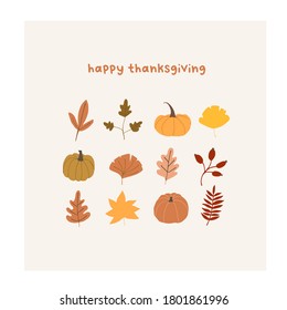 Autumn mood greeting card with cute leaves, pumpkins poster template. Welcome fall season happy thanksgiving invitation. Minimalist postcard nature. Vector illustration in flat cartoon style