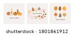 Autumn mood greeting card poster template. Welcome fall season thanksgiving invitation. Minimalist postcard nature leaves, trees, pumpkins, abstract shapes. Vector illustration in flat cartoon style