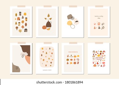 Autumn mood greeting card poster template. Welcome fall season thanksgiving invitation. Minimalist postcard nature leaves, trees, pumpkins, abstract shapes. Vector illustration in flat cartoon style