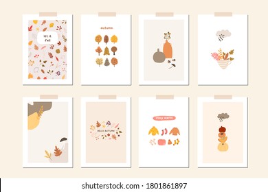 Autumn mood greeting card poster template. Welcome fall season thanksgiving invitation. Minimalist postcard nature leaves, trees, pumpkins, abstract shapes. Vector illustration in flat cartoon style