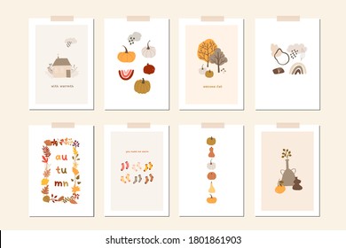 Autumn mood greeting card poster template. Welcome fall season thanksgiving invitation. Minimalist postcard nature leaves, trees, pumpkins, abstract shapes. Vector illustration in flat cartoon style