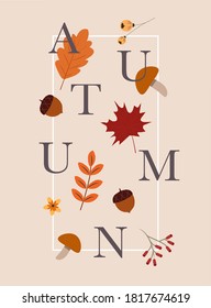  Autumn mood greeting card poster template. Welcome fall season thanksgiving invitation.Minimalist postcard nature leaves.