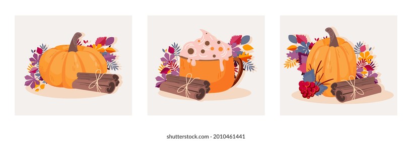 Autumn mood greeting card poster template. Thanksgiving, pumpkin and cinnamon sticks. Collage for printing, posters, banners and invitations. Cartoon flat vector illustration on a white background