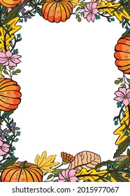 Autumn mood greeting card poster Welcome fall season. Postcard nature leaves, flowers pumpkins. Vector illustration in flat cartoon style. Botany frame. Beautiful hand drawn red and yellow 