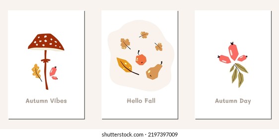 Autumn mood greeting card poster template. Welcome fall season thanksgiving invitation. Minimalist postcard nature leaves, trees, pumpkins, abstract shapes. Vector illustration in flat cartoon style