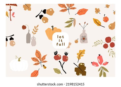 Autumn mood greeting card poster template. Welcome fall season thanksgiving invitation. Minimalist postcard nature leaves, trees, pumpkins, abstract shapes. Vector illustration in flat cartoon style