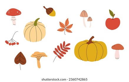 Autumn mood greeting card poster template. Welcome fall season thanksgiving invitation. Minimalist postcard nature leaves, trees, pumpkins, abstract shapes. Vector illustration in flat cartoon style