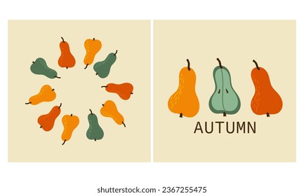 Autumn mood greeting card poster template. Minimalist postcard pears and apples. Vector illustration in flat cartoon