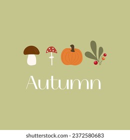 Autumn mood greeting card poster template. Minimalist postcard, baner nature leaves, trees, pumpkins, abstract shapes. Vector illustration in flat cartoon style on white background
