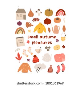 Autumn mood greeting card small autumn pleasures with house, sweater, pumpkin, book, mushroom poster template. Welcome fall season thanksgiving invitation. Vector illustration in flat cartoon style