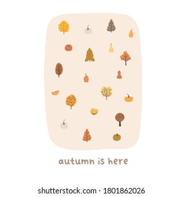 Herbstliche Stimmungskarte mit winzigen Bäumen, Kürbisse-Poster-Vorlage. Herzlich willkommen in der Herbstsaison dank der Einladung. Minimalistische Postkartennatur. Vektorgrafik im Flachbildkarikaturstil