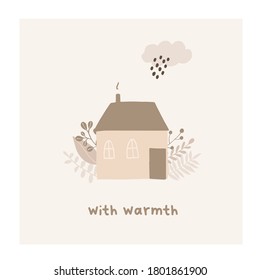 Autumn mood greeting card with warmth cozy house poster template. Welcome fall season thanksgiving invitation. Minimalist postcard nature web banner. Vector illustration in flat cartoon style