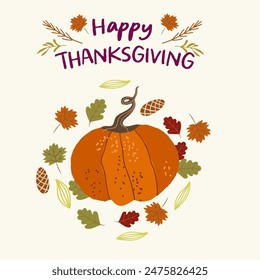 Autumn mood greeting square card poster template. Welcome fall season thanksgiving invitation. Nature leaves, pumpkins, abstract autumn flowers. Vector illustration hand drawn.