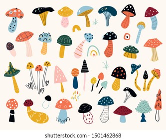 Autumn mood. Hand drawn big vector set of various types of mushrooms. Colored trendy illustration. Flat design.