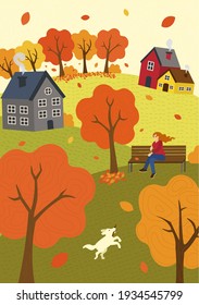 Autumn Mood Hand Drawn Fall Season Nature. Girl On Park Bench In Wind And Walks Dog. Lawn Hills And Trees. Countryside Rest Rustic Scene Vector Illustration For Poster, Banner, Card, Brochure Or Cover