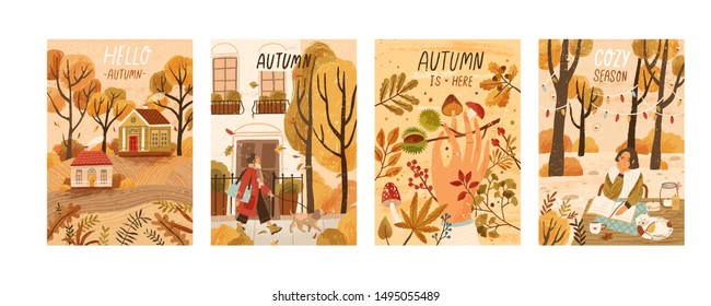 Autumn mood hand drawn poster templates set. Fall season nature flat vector illustrations. People enjoying cozy pastime, reading book, gathering mushrooms, chestnuts. Welcoming autumn postcards pack.