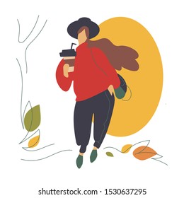 Autumn mood hand drawn poster. Fall season nature flat vector illustrations. People enjoying cozy pastime. Girl is drinking coffee