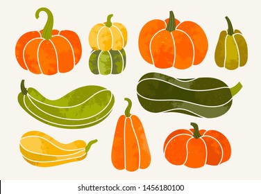 Autumn mood. Hand drawn vector set of various pumpkins. Colored trendy illustration. Flat design. Stamp texture. All elements are isolated