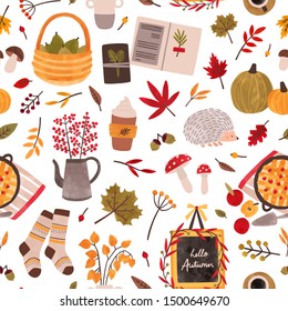 Autumn mood hand drawn vector seamless pattern. Fall season attributes texture. Traditional autumn symbols decorative backdrop. Foliage, plants, food, warm clothes and hedgehog illustration.