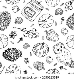 Autumn mood hand drawn vector  pattern with leaves, berries, fir cones, owl, nuts and acorns for decoration, wrapping paper. Seamless pattern to illustrate hygge, autumn mood or cozy holidays. 