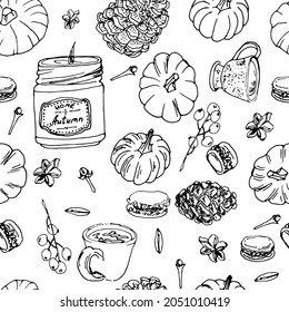 Autumn mood hand drawn vector  pattern with candle, pumpkin, tea cup, berries, cones and acorns for decoration, wrapping paper. Seamless pattern to illustrate hygge, autumn mood or cozy holidays. 