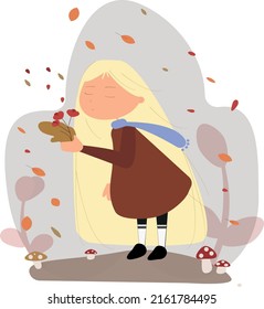 Autumn mood! happy smiling girl holding yellow maple leaves, poster