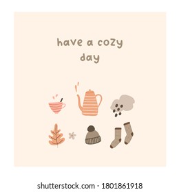 Autumn mood have a cozy day greeting card with teapot, hat, socks, rainy cloud. Welcome fall season thanksgiving invitation. Minimalist postcard nature. Vector illustration in flat cartoon style