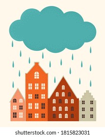 Autumn mood. Heavy rain falling from a cloud on the little cute colorful houses in the old town. Bad weather concept. Isolated flat vector illustration