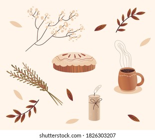 Autumn Mood holiday background illustration. Flat vector illustrations. Set of leaves, plants and abstract elements. Cup of tea or coffee. Trendy color palette 