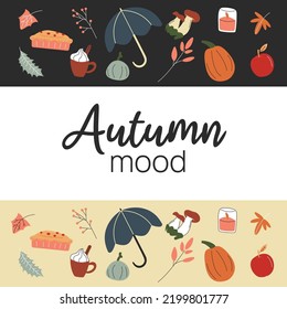 Autumn mood. Horizontal border with hand drawn autumn elements on a light and dark background. Autumn mood.  Vector stock illustration. Umbrella, latte, pumpkin, leaves, apple, pie, candle, mushroom.