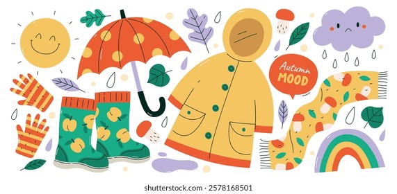 Autumn mood icons with children seasonal clothes, trendy accessories, falling leaves and weather design elements stylish collection. Happy childhood, seasonal emotion set vector illustration