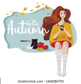 Autumn mood illustration. Autumn Girl and Warm Cup of Tea. Romantic girl sitting with hot tea drinking. Poster or card vector illustration.