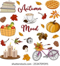 Autumn mood in illustration.Colored vector illustration with elements for autumn mood. Perfect for postcards, stickers and decals.